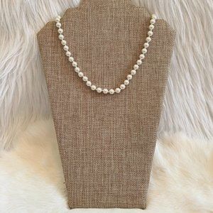 VINtage Metallic White‎ Glass Bead Necklace Faux Pearl Hand Knotted Boho 14028